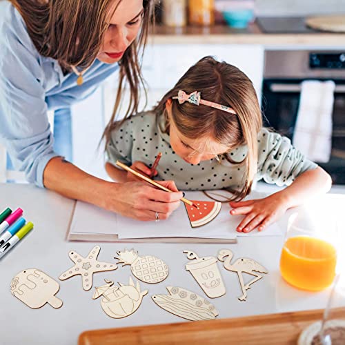 36 Pieces Summer Wood Hanging Ornaments Beach Wooden Slices with String Holiday Hawaiian Party Decorations Tropical Painted Themed Luau Party HooAMI