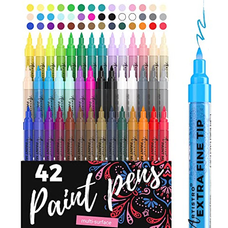 Paint Pens - 42 Paint Markers - Extra Fine Tip Paint Pens (0.7mm) - Great for Rock Painting, Wood, Canvas, Ceramic, Fabric, Glass - 40 Colors + Extra ARTISTRO
