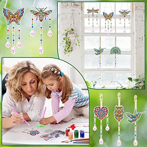 Wesiti 6 Pcs Diamond Art Suncatchers Diamond Painting Suncatcher Wind Chime  Double Sided Diamond Painting Hanging Ornament with Crystal Pendant for