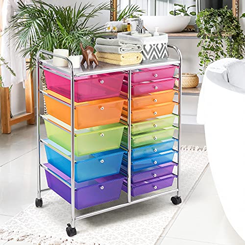 KOTEK 15-Drawer Rolling Storage Cart, Multipurpose Mobile Utility Cart with 4 Wheels, Home Office School Tools Scrapbook Paper Organizer (Multicolor) - WoodArtSupply