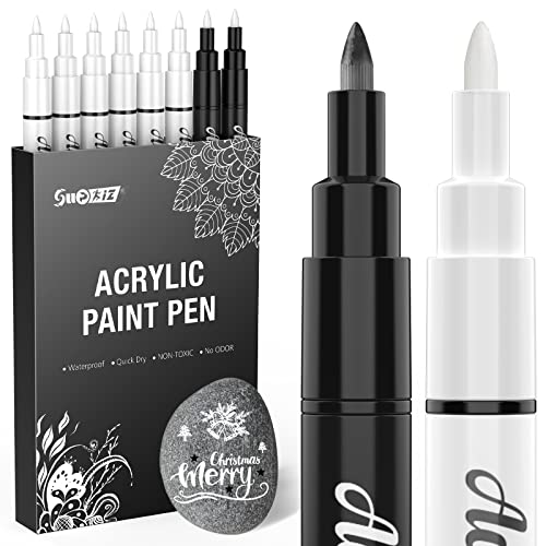 White Paint Pen, 8 Pack 0.7mm Acrylic Paint Pens Acrylic Markers 6 White 2 Black Paint Pens for Rock Painting Wood Canvas Glass Metallic Ceramic Tire SUPKIZ