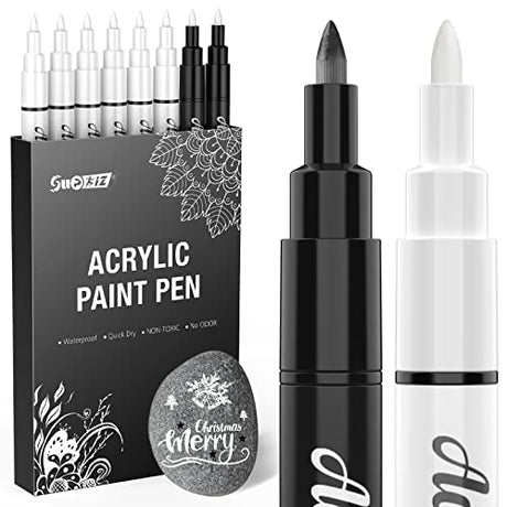 White Paint Pen, 8 Pack 0.7mm Acrylic Paint Pens Acrylic Markers 6 White 2 Black Paint Pens for Rock Painting Wood Canvas Glass Metallic Ceramic Tire SUPKIZ