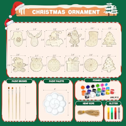 OCHIDO 36 Pcs Wooden Christmas Ornaments for Hanging Decorations,12 Styles Unfinished Wooden Slices with Holes for Paintable Crafts,Kid DIY Craft