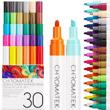 CHROMATEK Dual Tip Acrylic Paint Pens for Rock Painting, Stone, Ceramic, Glass, Wood - 30 Vibrant Solid Colors - Waterproof, Quick Drying, Never Fade CHROMATEK