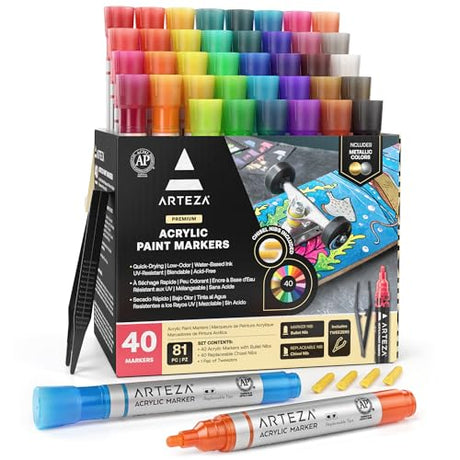 ARTEZA Acrylic Paint Markers, Set of 40 Acrylic Paint Pens in Assorted Colors, Art & Craft Supplies for Glass, Pottery, Ceramic, Plastic, Rock, and ARTEZA