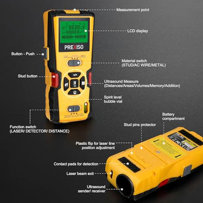 PREXISO 5-in-1 Stud Finder with Laser Level Marking & Ultrasound Distance Measure - Area, Volume, Addition | Wood, AC Wire Detector - Wall Scanner - WoodArtSupply