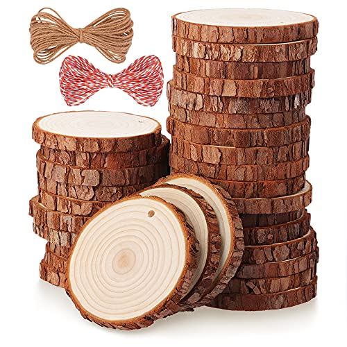 Fuyit Natural Wood Slices, 30 Pcs 3.1-3.5 Inch Unfinished Predrilled Wooden Circles Tree Slice with Hole for DIY Arts Craft Christmas Ornaments - WoodArtSupply