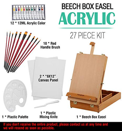 Falling in Art Easel Box Acrylic Paint Set with Portable Table Display Stand, Acrylic Paint, Canvas Panels, Brushes, Palette for Christimas Gift - WoodArtSupply