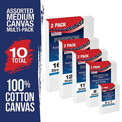 U.S. Art Supply Professional Quality Stretched Canvas, Multipack of 10 Medium Sizes, 2 Each 5x7, 8x10, 11x14, 12x16, 16x20 Inches - 12-Ounce Primed, - WoodArtSupply