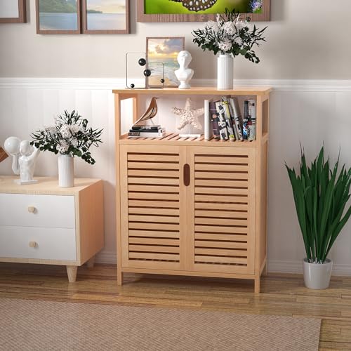 Purbambo Bamboo Storage Cabinet, Freestanding Bathroom Cabinet with 2 Louvered Doors, Floor Cabinet Organizer for Living Room, Kitchen, Entryway