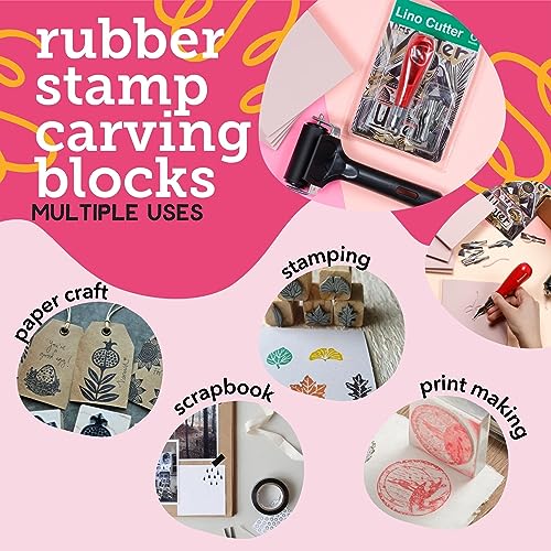 Incraftables Rubber Stamp Kit (5-Pack). Linoleum Block Kit with Cutting Blades Tools (6pcs). Block Printing Kit (6in x 4in x ¼ in) Light Pink Color. Incraftables