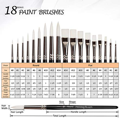 Falling in Art Flat and Round Tips White Sable Paint Brush Set - 18PCS Artist Face Paint Brushes, Short Handled Nylon Brushes Set for Watercolor, - WoodArtSupply