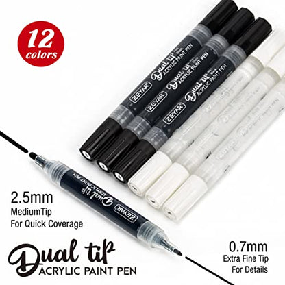 ZEYAR Dual Tip Acrylic Paint Pens, Medium Tip and Extra Fine Tip, Water Based Acrylic & Waterproof Ink, Assorted Colors (3 Black & 3 White)