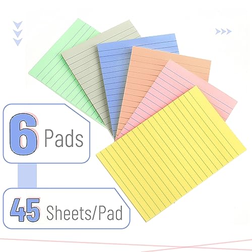 Mr. Pen- Lined Sticky Notes with Lines, 4x6, 6 Pads, 45 Sheets/Pad, Pastel Color, Colorful Sticky Note, Ruled Post Stickies