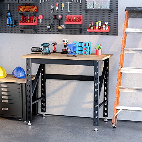 HOMCOM 45" Work Bench with Adjustable Footpads and Large Solid Wood Tabletop Tool Table for Garage, Weight Capacity 1100 lbs - WoodArtSupply