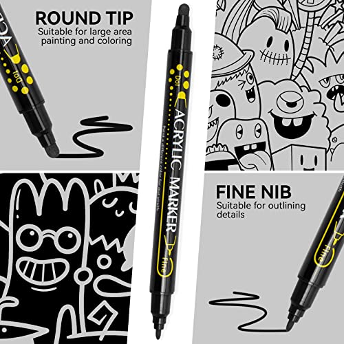 Tesquio Black Paint Marker, 8 Pack Dual Tip Acrylic Paint Pens, Ideal for Wood, Rock Painting, Canvas, Stone, Glass, Ceramic Tesquio