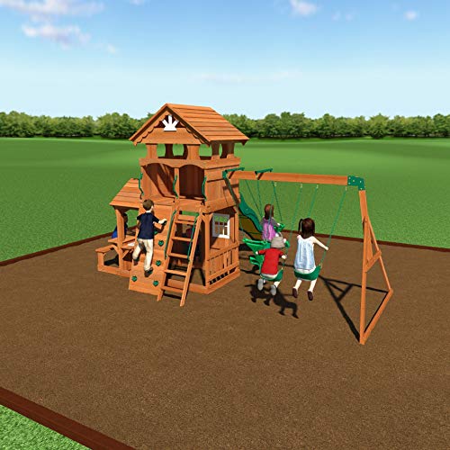 Backyard Discovery Shenandoah All Cedar Wooden Playset Swing Set with 2 Belt Swings, Trapeze Bar, 10 ft Wave Slide, Covered Upper and Lower Backyard Discovery