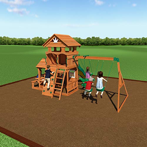 Backyard Discovery Shenandoah All Cedar Wooden Playset Swing Set with 2 Belt Swings, Trapeze Bar, 10 ft Wave Slide, Covered Upper and Lower