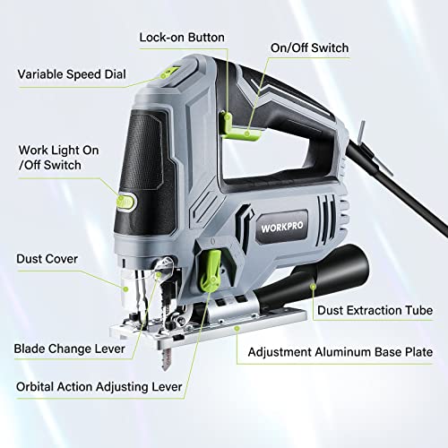 WORKPRO Jigsaw, 6.5AMP 850W Corded Electric Jig Saw Tool Kit with 6 Variable Speeds, 7 Blades, ±45° Bevel Cutting, LED Light, 3000 SPM, 4 Orbital WORKPRO