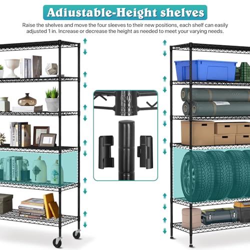 YRLLENSDAN 6 Tier Wire Shelving Unit 6000lbs Capacity Metal Storage Shelves with Wheels Height Adjustable Heavy Duty Steel Shelf for Kitchen YRLLENSDAN