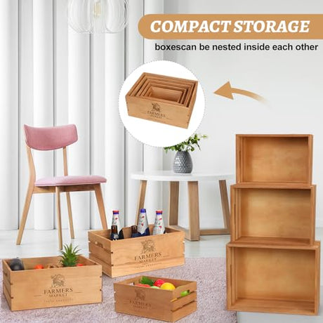 Barydat Set of 5 Wood Crates for Vintage Decorative Display Wooden Boxes Farmhouse Style Nesting Wooden Crates with Open Handles Storage Decorative Barydat