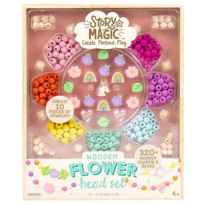 Story Magic Wooden Flower Bead Set, Over 300 Large Hole Wood Beads & Charms for Beading Bracelets, Bracelet Making Kit, Flower Bracelet Kit, - WoodArtSupply