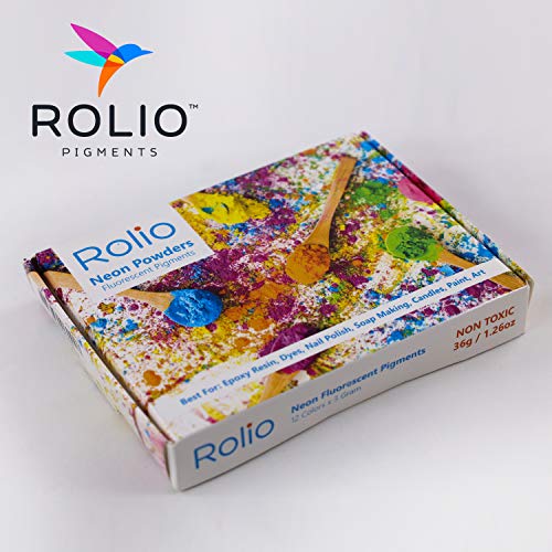 Rolio - Fluorescent Powder - 12 3g Jars of Pigment for Paint, Dye, Soap Making, Nail Polish, Epoxy Resin, Candle Making, Bath Bombs, Slime Rolio