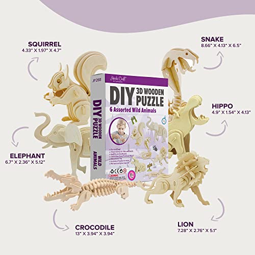 Hands Craft DIY 3D Wooden Puzzle – 6 Assorted Wild Animals Bundle Pack Set Brain Teaser Puzzles Educational STEM Toy Adults and Kids to Build Safe Hands Craft