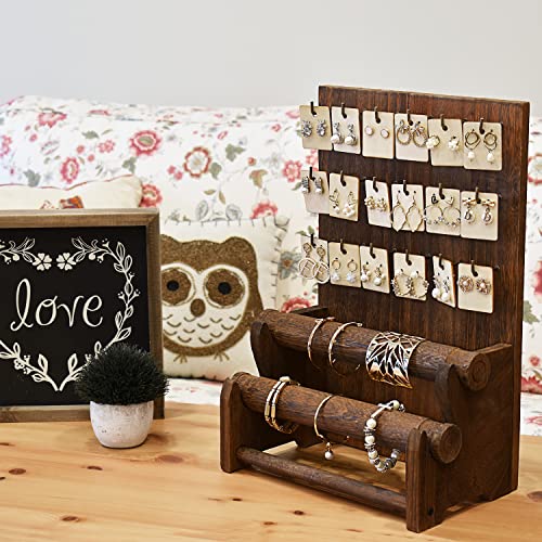 Ikee Design Wood Jewelry Holder Organizer Stand with 18 Hooks and Removable Holders,Earring and Bracelet Organizer,2 Tier Jewelry Tree Storage Tower, Ikee Design