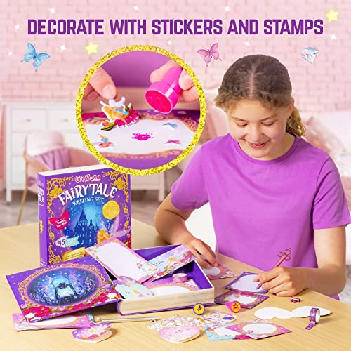 GirlZone Fairytale Writing Set, 45-Piece Fairy Stationery Kit with Paper Sheets, Cards, Stickers and Stampers in a Storybook Box, Magical Gift Idea GirlZone