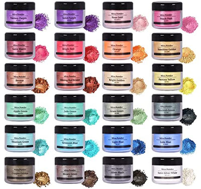 Mica Powder 24 Color 10g Each Pack, Pigment Powder Set for Painting, Nail Polish, Fine Arts, Lip Gloss, Makeup, Bath Bomb, Handmade Soap Making and