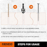 KENDO 5PCS Countersink Drill Bit Set, High Speed Steel Countersink Bits, 82 Degree 5 Flute Pieces, 1/4 Inch Hex Shank, Fit for Sink Holes into Kendo