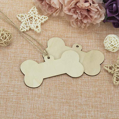 JANOU 24pcs Bone Shaped Wooden Cutouts Unfinished Wood Dog Bone Wood DIY Craft Embellishments Gift Tags Ornaments Decoration with Ropes, 4.1x2.2 in JANOU