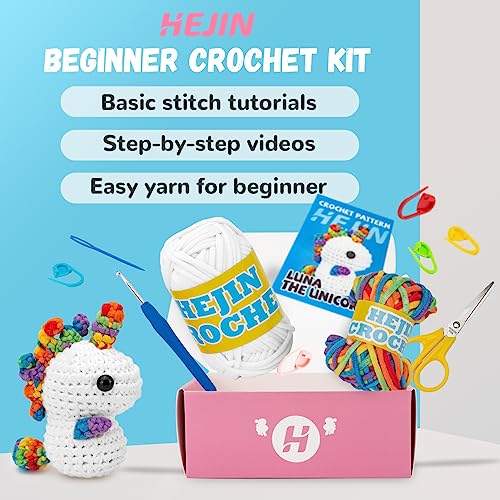 Crochet Kit for Beginners, Unicon Crochet Kits for Kids and Adults Include Rainbow Yarn, Videos Tutorials, Eyes, and Crochet Hook - Crochet Animal HEJIN