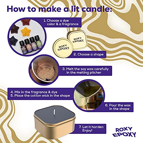 Roxy Epoxy DIY Candle Making Kit Gold - Complete Supplies Set to Make Your Own Candles - Includes 2lb Soy Wax, Candle Tins, Fragrances, Color Dyes, Roxy Epoxy