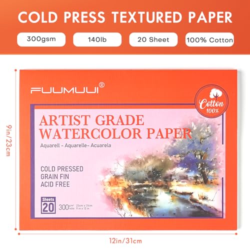 Fuumuui 9pcs Sable Watercolor Brushes Detail to Mop Kolinsky Sable Brushes with 20 Sheets 9" x 12" 100% Cotton Cold Pressed 140LB/300GSM Watercolor Fuumuui