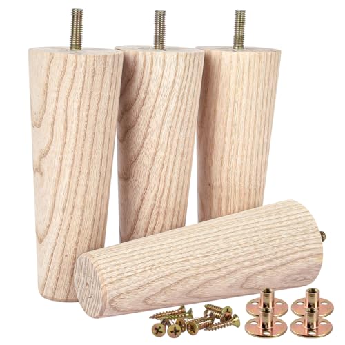 Btowin VCF 6 inch / 15cm Ash Wood Furniture Legs, 4Pcs Mid-Century Modern Unfinished Wooden Tapered Replacement Feet with 5/16'' Hanger Bolts &