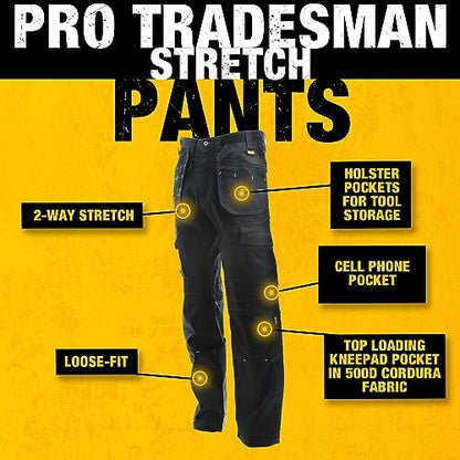 DEWALT Protradesman Men's Loose Fit, Holster Pocket, Cottonpoly Stretch Work Pants Black W36/L31 - WoodArtSupply