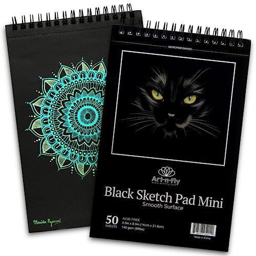 Art-N-Fly Black Sketch Pad Mini 5.5x8.5" 2 Pack - Black Paper Sketchbook for Drawings, Perforated Edge on Spiral 100 Sheets Total - Art Sketch Book Art-n-Fly