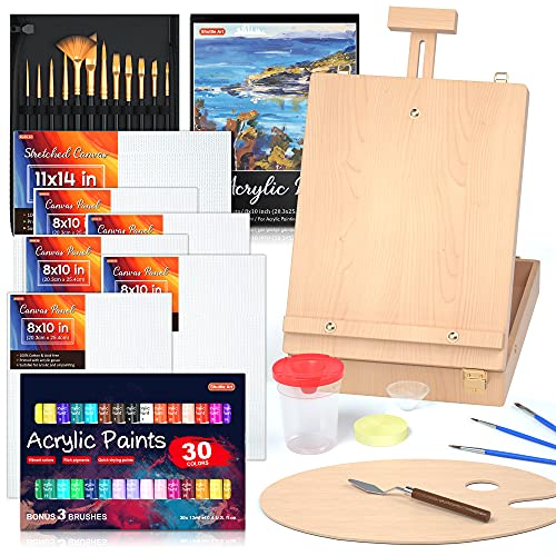 Shuttle Art Acrylic Painting Set, 59 Pack Professional Painting Supplies with Wood Tabletop Easel, 30 Colors Acrylic Paint, Canvas, Brushes, Palette, Shuttle Art