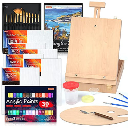 Shuttle Art Acrylic Painting Set, 59 Pack Professional Painting Supplies with Wood Tabletop Easel, 30 Colors Acrylic Paint, Canvas, Brushes, Palette,