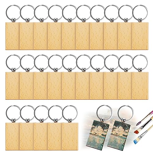 25Pcs Wood Keychain Blanks Wooden Keychain Rectangle Wood Key Ring Personalized Engraving Wooden Keychains, Unfinished Wood Key Tags Keychain for DIY - WoodArtSupply