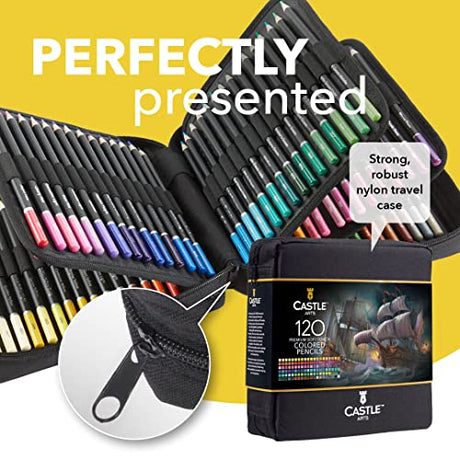 Castle Art Supplies 120 Colored Pencils Zipper-Case Set | Quality Soft Core Colored Leads for Adult Artists, Professionals and Colorists | In Neat, Castle Art Supplies