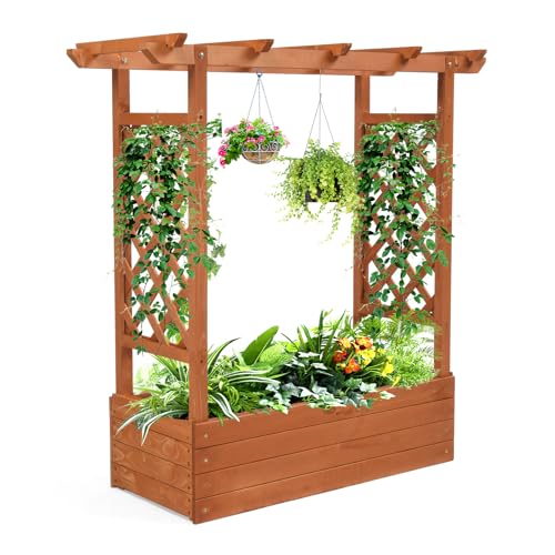 VINGLI Raised Garden Bed with Trellis & Hanging Roof, Wooden Garden Bed, Outdoor Planter Box for Yard, Garden, Balcony