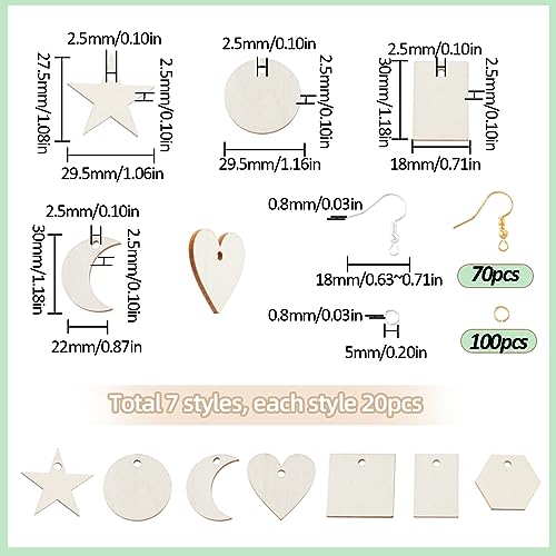 SUNNYCLUE 480Pcs Wood Charms Jump Rings Earrings Making Starter Kit Unfinished Wood Blanks Wooden Blank Charms Earring Hooks Round Pieces Square SUNNYCLUE