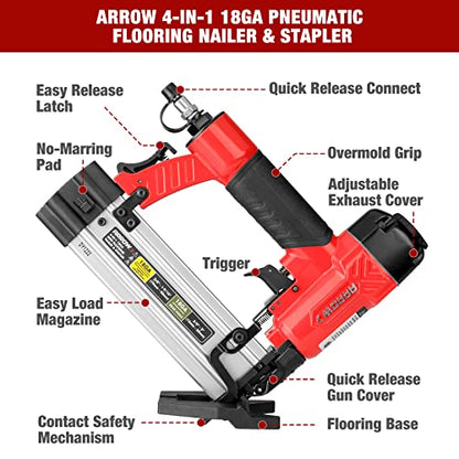 Arrow 4-in-1 Pneumatic 18 Gauge Flooring Stapler/Nailer, Oil-Free Mini 18 GA Pneumatic Flooring Staple Gun/Nail Gun with 1200 Pcs Staples/Nails,