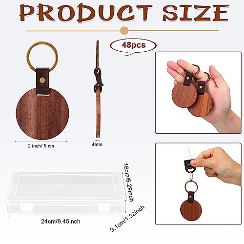 Ecally 48 Pcs Wooden Keychain Blanks Leather Strap Wood Keychain Blanks Round Wood Keyring with for DIY Employee Coworker Gift Craft Ecally