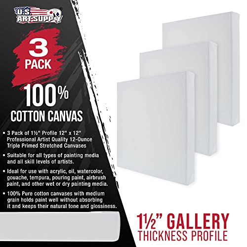 U.S. Art Supply 12 x 12 inch Gallery Depth 1-1/2" Profile Stretched Canvas, 3-Pack - 12-Ounce Acrylic Gesso Triple Primed, Professional Artist U.S. Art Supply