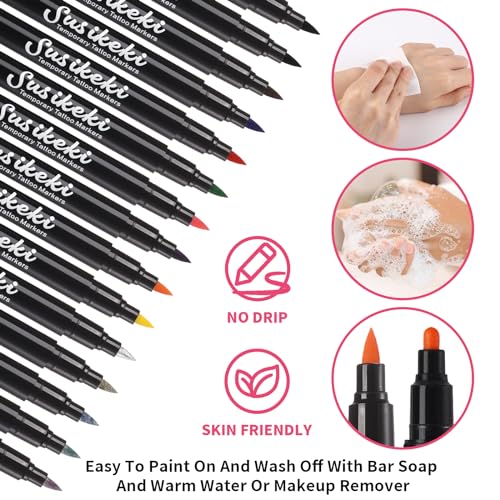 Temporary Tattoo Markers for Skin,15PCS Dual-Ended Tattoo Pen + 50 Paint Stencils + 43 Tattoos Stickers,Glitter & Matte & Neon Glow Body Marker Set, SUSIKEKI