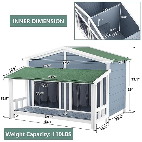 RITSU 47.2" Dog House, Waterproof Dog Kennel, Wooden Outdoor and Indoor Dog House, Log Cabin Style with Porch,Elevated Floor, 2 Doors, Pine Wood + - WoodArtSupply